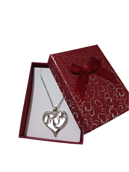 Mom Heart Necklace Maroon Box with Hearts